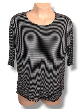 1x Isela Black White Striped Top Pom Pom Accent Goth Preppy Stretch Casual